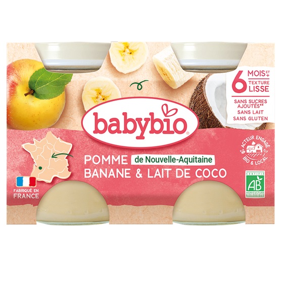 Babybio Pomme de Nouvelle Aquitaine Banane Lait de Coco 2 Pots 130 g
