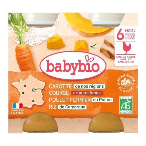Babybio Carotte Butternut de Provence, Poulet Fermier du Poitou Riz de Camargue 6 Mois et + Bio 2 Pots de 200 g