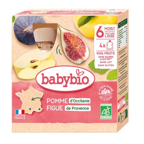 Babybio Fruits Bébé Pomme d'Occitanie Figue de Provence Pack de 4 gourdes de 90g