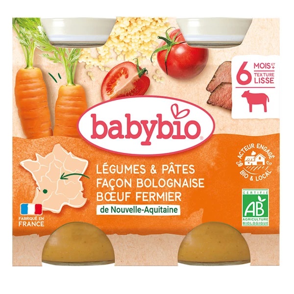Babybio Légumes et Pâtes Façon Bolognaise au Boeuf Fermier 6 Mois et + 2 Bio Pots de 200 g