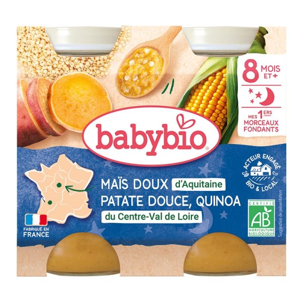 Babybio Maïs doux d'Aquitaine Patate douce de nos Régions Quinoa du Centre-Val de Loire Pots 2x200g