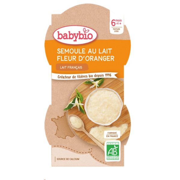 babybio Desserts Lactés bébé Semoule au Lait Fleur d'Oranger 2x100g