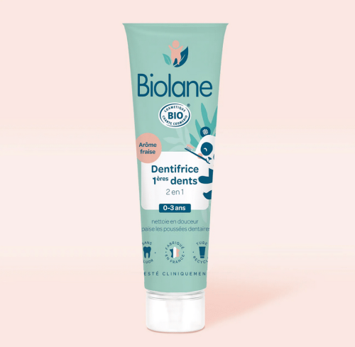 Biolane Dentifrice 0 à 3 ans 1ère Dents 2 en 1 Arôme Fraise Bio 50ml