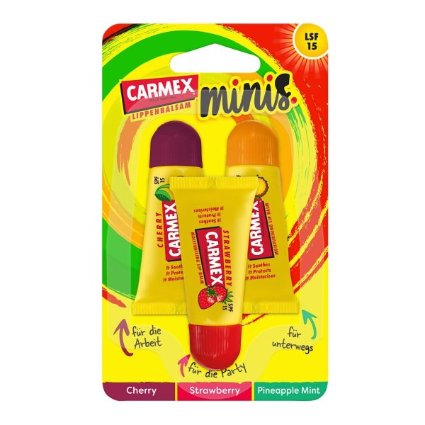 Carmex Soin des Lèvres Spf15 Trio Minis Saveurs : Fraise Ananas Menthe-Cerise 3x5g