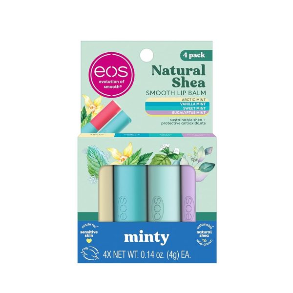 EOS Natural Shea Mint Pack de Varié de Baume à Lèvre Menthe Hydratant 100% Naturelle 4 pièces