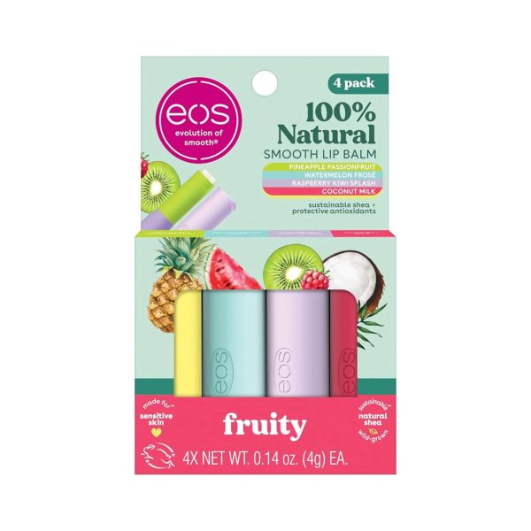 EOS Sticks Baume Lèvres Naturels et Biologiques Framboise Kiwi Ananas Pastèque et Lait Coco 4 Pièces