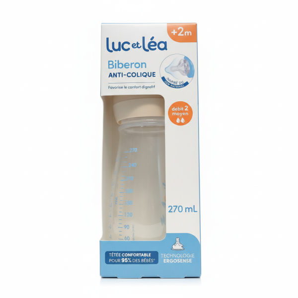 Luc et Léa Ergosense Biberon Anti-Colique 270 ml Débit Moyen 2 Mois et Plus