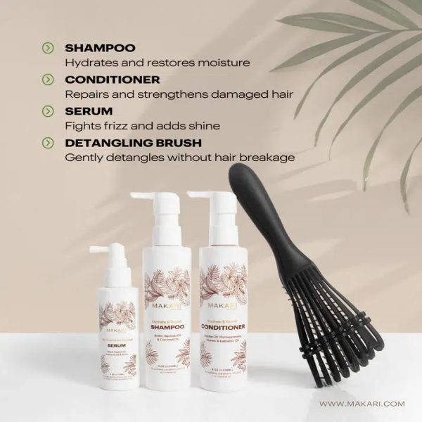MAKARI Coffret pour cheveux shampoing + après-shampoing + sérum + brosse à cheveux