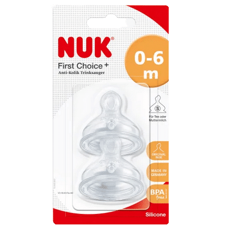 NUK First Choice Plus Tétines Physiologiques en Silicone Aucune Colique 2 pièces (Age 0 à 6 mois)
