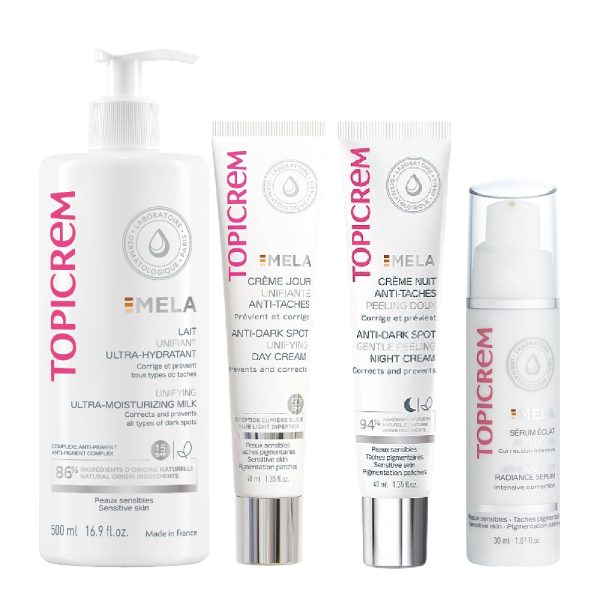 Topicrem Mela – Pack Gamme Lait 500ml+Sérum+Crème Nuit+Crème Jour